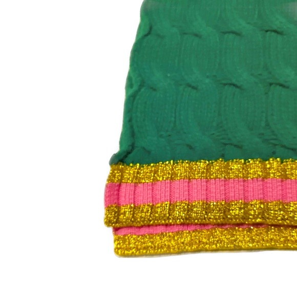 Auth Gucci Green Wool Cable Knit Scarf Pink Metallic Gold Knit Trim Ex+ Stole - Picture 8 of 11